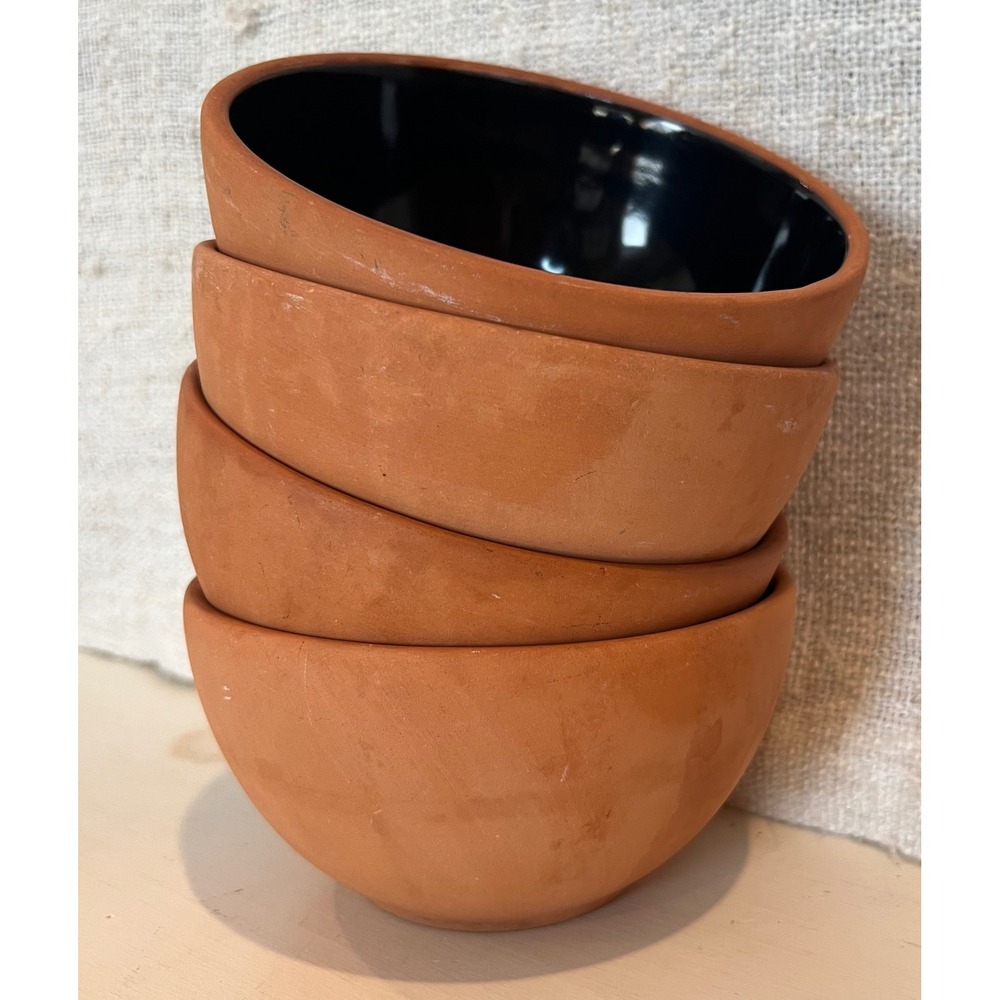 Set of 4 Romertopf Terra Rosa Reco Terracotta Bowls Black Glazed Interior Mexico